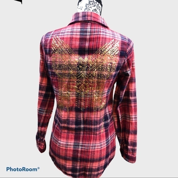 Derek HEART plaid/gold embellished button up  top - Picture 4 of 8